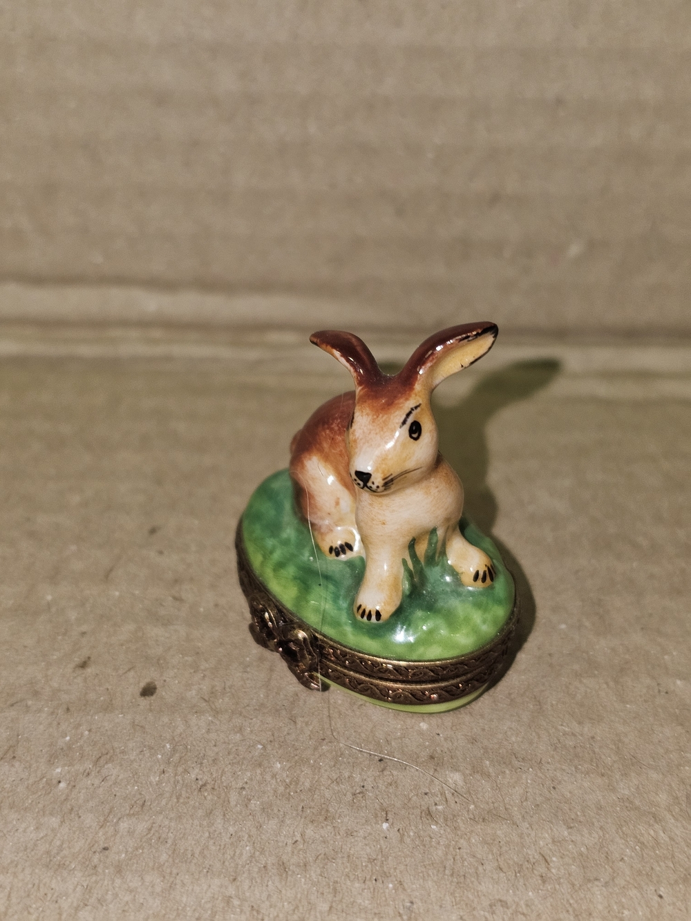 Limoges Hand-Painted Bunny Trinket Box in Brown and Green